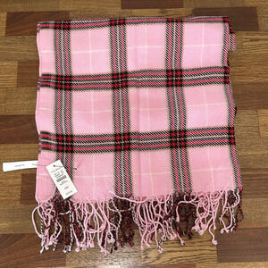 Talbots Wool Scarf‎ Rectangle Outerwear Plaid Pink Fringe Warm Winter Bright NEW